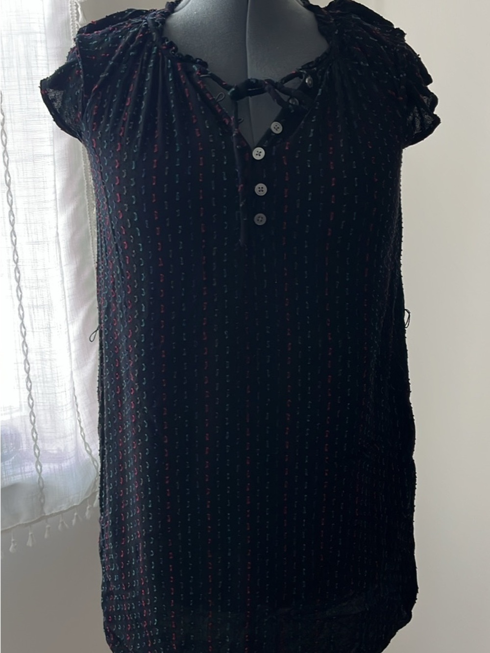 LOFT Black Cap-Sleeve Peasant Blouse with Pink Dot Details